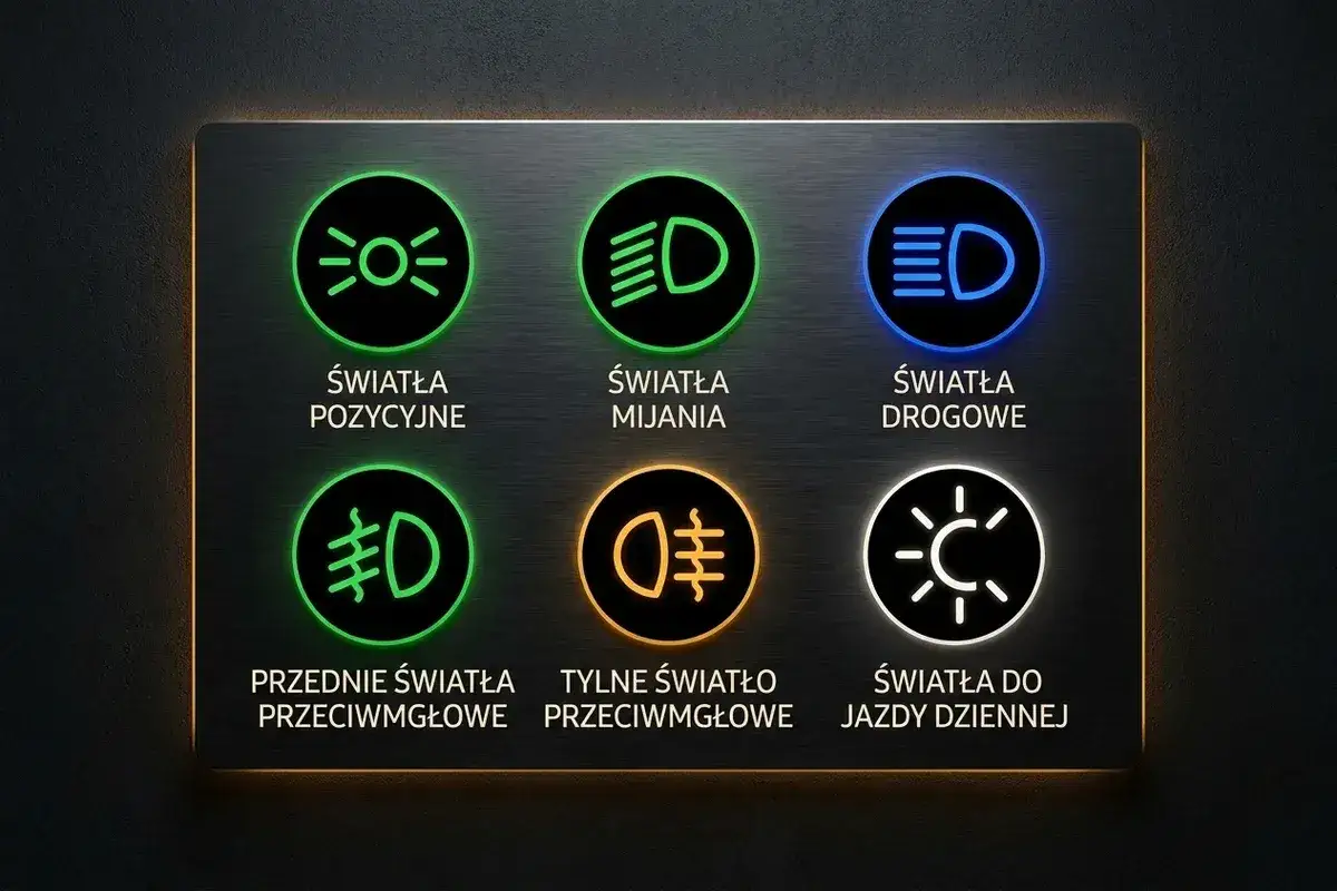 Panel sterowania światłami: zielone światła pozycyjne, mijania, przednie przeciwmgłowe; niebieskie drogowe; pomarańczowe tylne przeciwmgłowe; białe do jazdy dziennej.