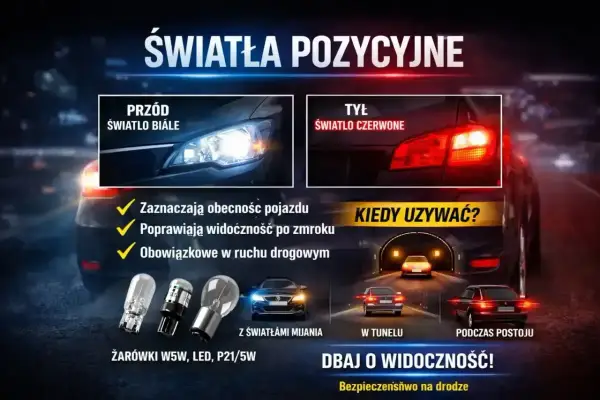 Światła w samochodzie: białe z przodu, czerwone z tyłu. Poprawiają widoczność i są obowiązkowe.